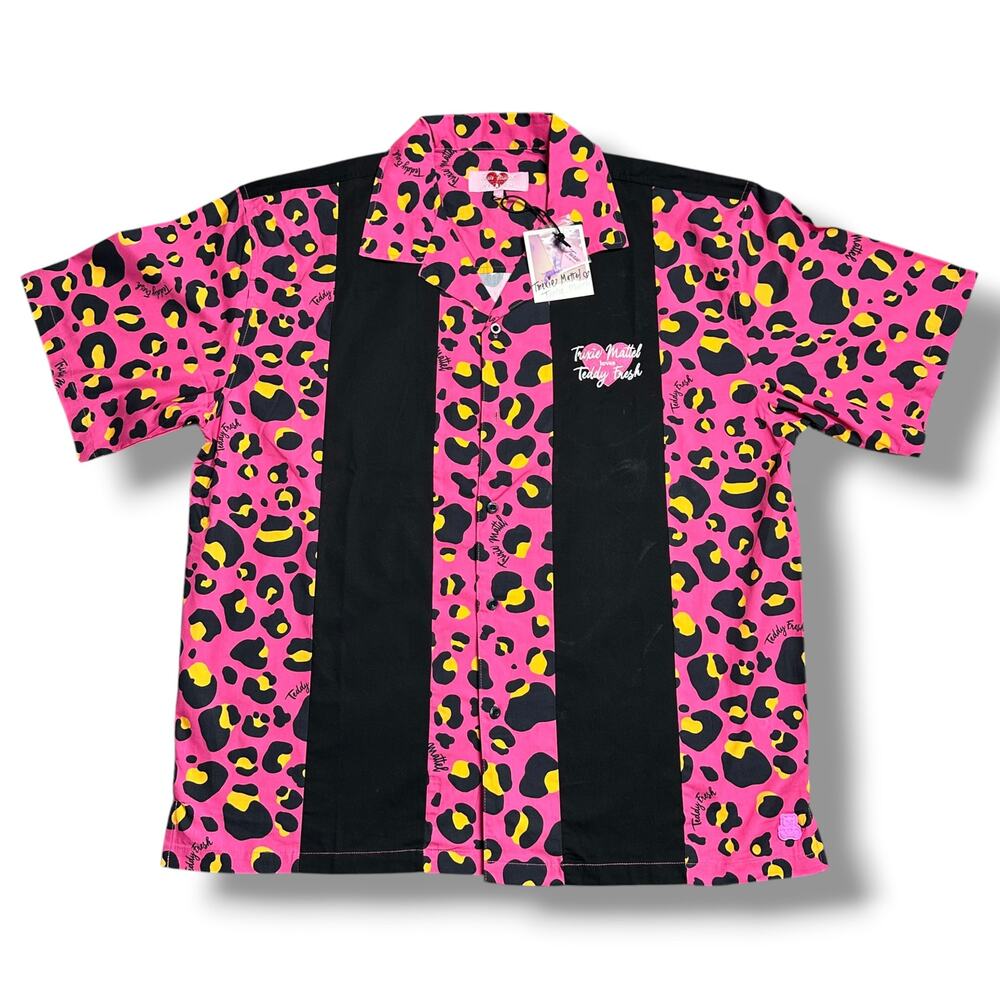 NWT Teddy Fresh X Trixie Mattel Pink Leopard Print Bowling Shirt Retro Sz L